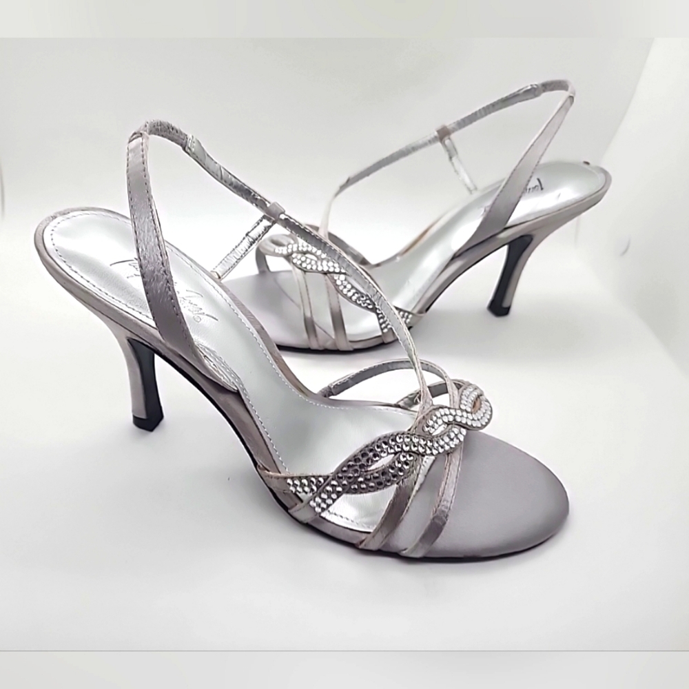 Jacqueline Ferrar Silver High Heel Shoes  Rhinestones Open Toe Size 6.5 M. New